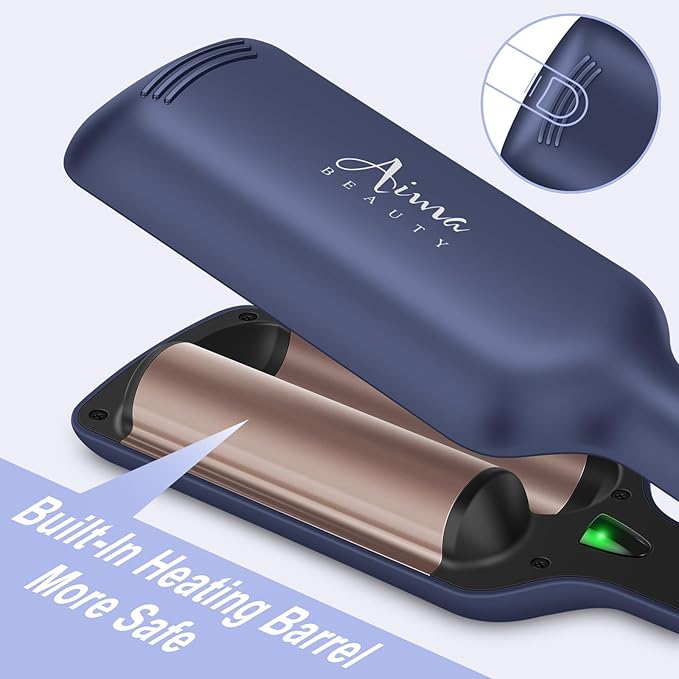 32mm (1.25") Aima Beauty Twins Mermaid Loose Hair Waver, Anti-Scald Hair Crimper 2 Barrel, Worldwide Dual Voltage Curling Iron, Curling Wand Storage Lock 15S Heats Up Medium/Long Hair Prussian Blue