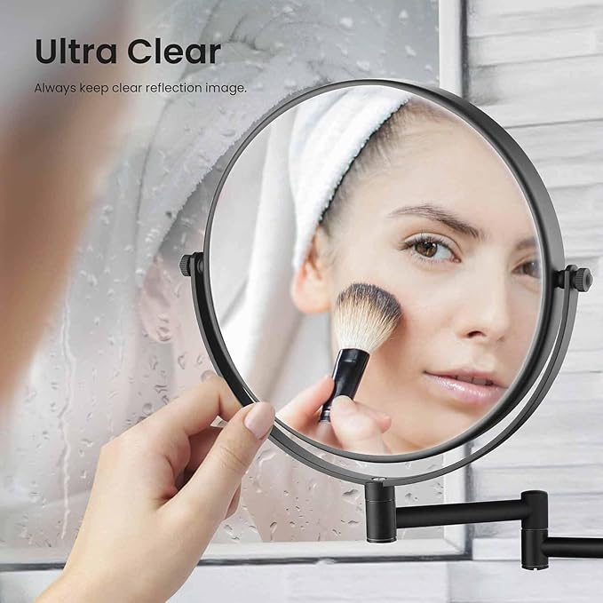 KIBI Circular Wall Mount Makeup Mirror, Dual-Sided 1x/5x Magnifying Mirror with Extendable Arm, 360° Swivel, Solid Brass Construction for Durability and Style (Matte Black - KMM100)