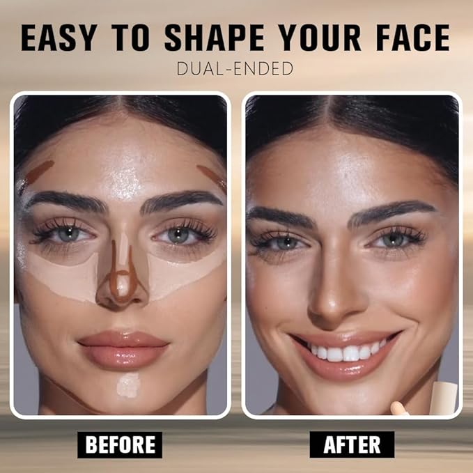 2in1 Nude+Light Beige Cream Contour Highlighter Stick, Dual-Ended Highlighter Makeup Contour Stick, Contour Stick Dual Ended For Face Body Makeup, Long Lasting Waterproof for All Skin Tones