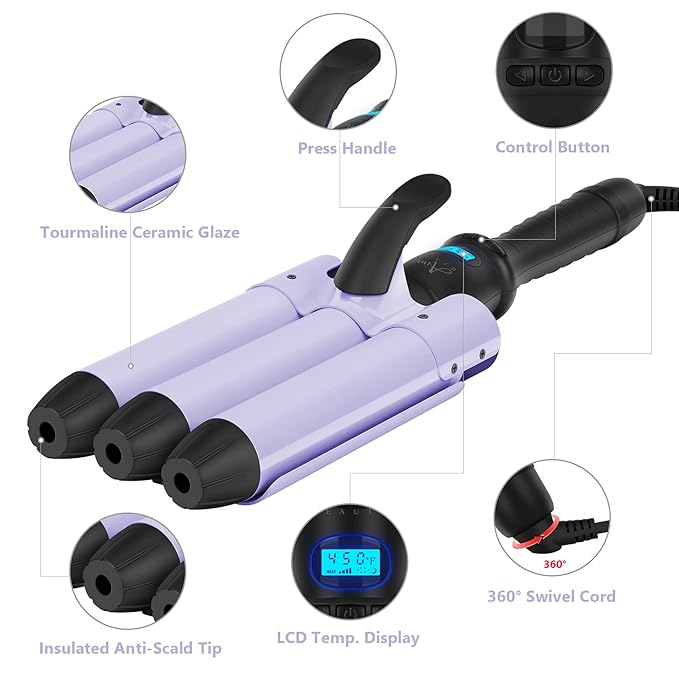 32mm (1.25") Mermaid Beach Waves Curling Iron, Aima Beauty Hair Waver 3 Barrel, Mermaid Big Wave Waver Iron with Adjustable Temperature, Durable, Heats Up Quickly (Purple)