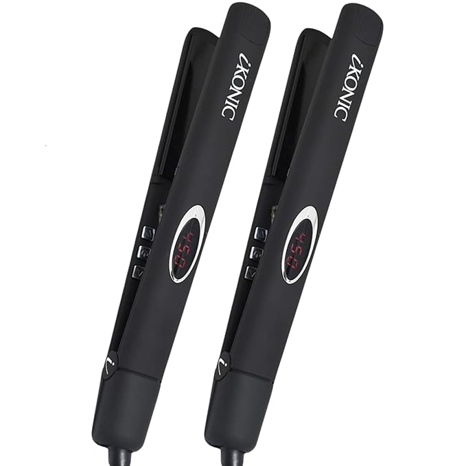 IKonic 100% Tourmaline Ceramic Hair Straightener & Curler, Anti-Static Infrared Ionic 2-in-1 Dual Voltage Flat Iron, 1” Floating Plates, Temp 140–450°F, Frizz-Free & Fast Heat Hair Iron (Pack of 2)