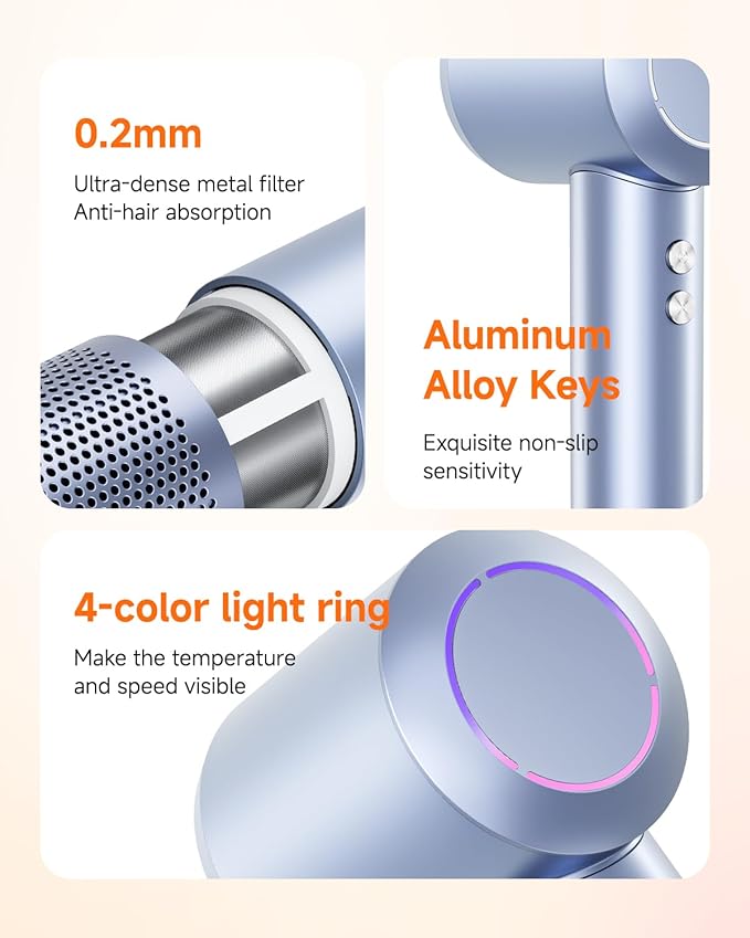 PLUZZ Professional Hair Dryer with Diffuser for Curly Hair, 400M Negative Ionic Blow Dryer for Fast Drying, 120,000 RPM High-Speed Brushless Motor, Low Noise Lightweight, Travel-Friendly, Women & Men