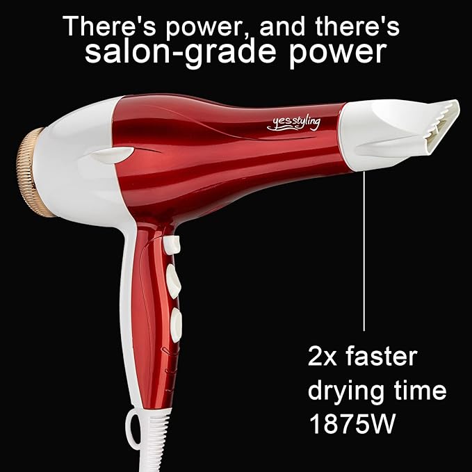 Professional Salon Hair Dryer, 1875W Blow Dryer, 2 Concentrator Nozzles, 3 Heat Settings, 2 Speed Slide Switch, Cool Shot Button, Fast Drying for Family, Low Noise (Red and White)