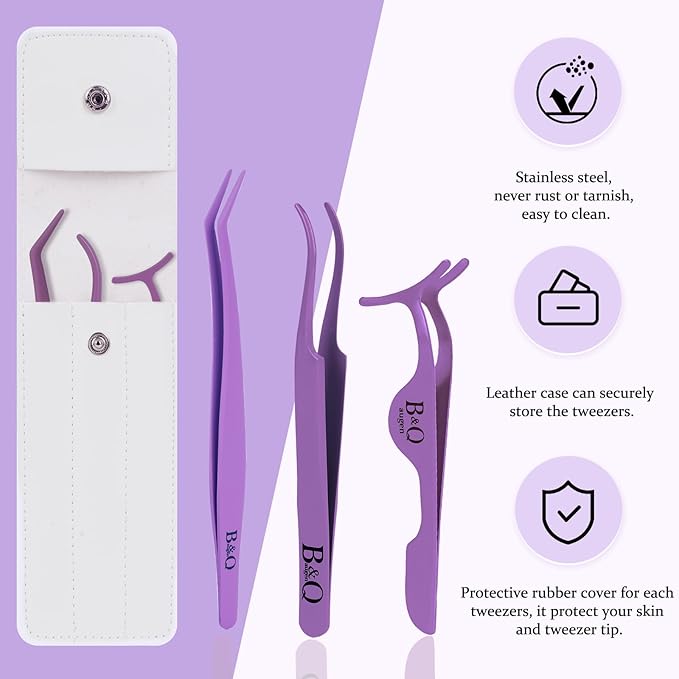 Eyelash Applicator Tool 3 PCS Lash Applicator Tool Kit Lash Tweezers for Eyelash Extensions Application Tool and Removal （Purple,3 PCS）