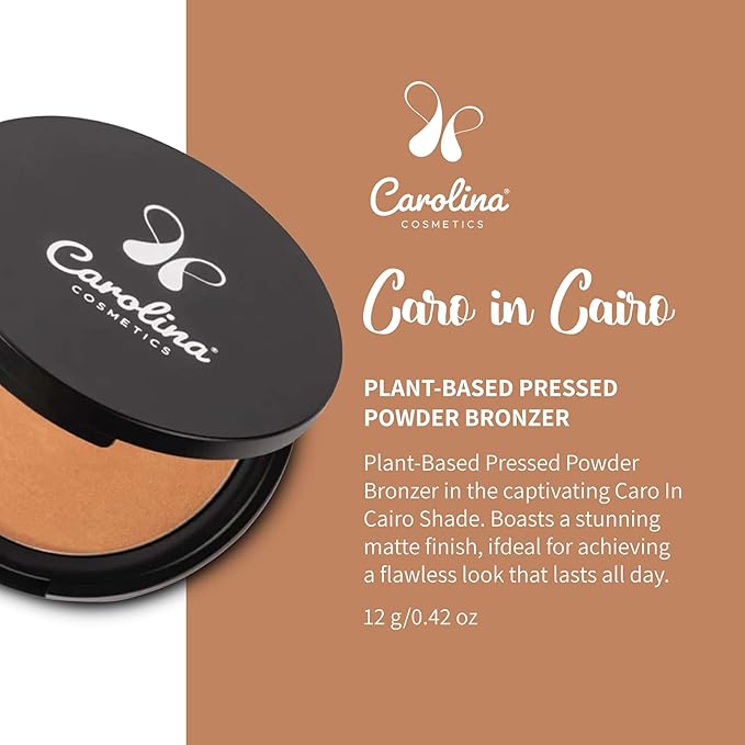 Pressed Powder Bronzer in Caro In Cairo Shade Plant-Based - Matte Finish - Vegan, Non-GMO - Rice Powder, Jojoba Oil - 0.42 oz