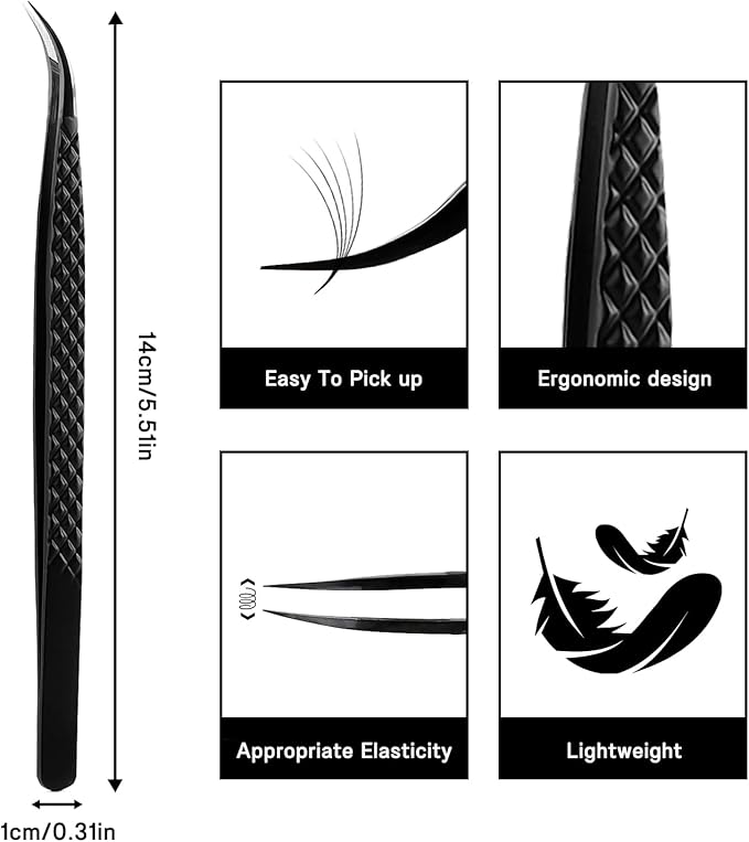 VAVALASH Lash Tweezers for Eyelash Extensions, Fiber Tip Diamond Grip Isolation Tweezers, Professional Precision Black Lash Tweezers for Volume & Classic Lashes