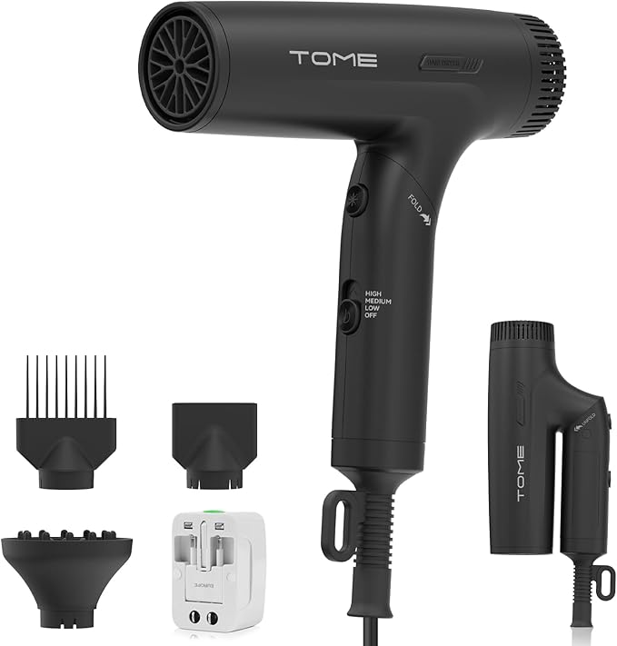 TOME 1200W Hair Dryer Travel Dual Voltage 120V/240V Foldable Blow Dryer with Diffuser Comb Nozzle Storage Bag Universal Power Adapter (Black)