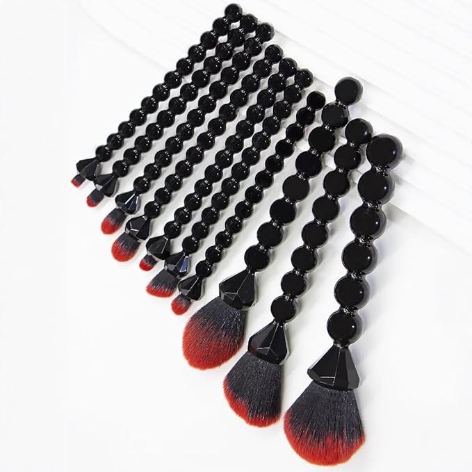 COSHINE Unique Diamond and Pearl Design Makeup Brush Set, 10pcs Cute and Full Complete Powder, Concealer, Blush, Eye Shadow Cosmetic Brushes Kit (BLACK)