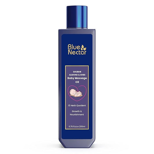 Blue Nectar Ayurveda Gentle Baby Oil for Newborn Skin Care -Moisturizing Baby Massage Oil for Dry Skin Moisturizer |Soothing with 100% Natural Coconut Oil & Organic Ghee (13 Herbs, 6.76 Fl Oz)
