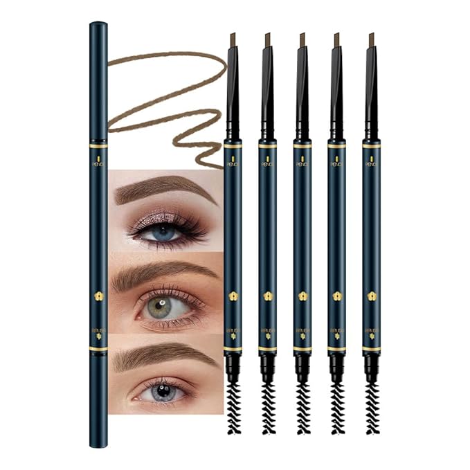 5 Pcs Waterproof Professional Makeup Micro Brow Pencil, Dark Brown Brow Kit with Eyebrow Brush, Ultra-Fine Mechanical Pencil, Eyebrow Pencils for Women, (C06#Dark Brown, 5Pcs)