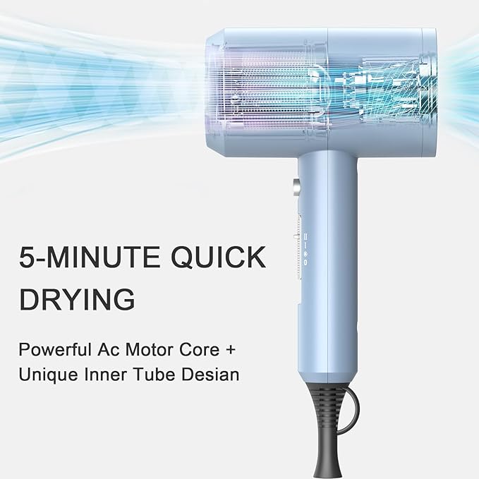 Slopehill Professional Ionic Hair Dryer, Powerful 1800W Fast Drying Low Noise Blow Dryer with 2 Concentrator Nozzle 1 Diffuser Attachments for Home Salon Travel (Matte Blue)