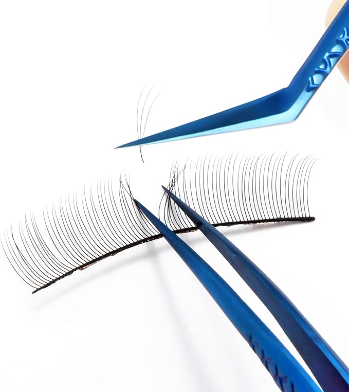 FEITA Diamond Grip Eyelash Extensions Tweezer Lash Precision Tweezers, Japanese Steel Dolphin-shaped & Angled Tip, False Lashes Application Tools, Blue 2Pcs