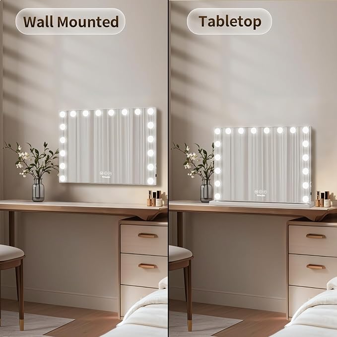 Hollywood Vanity Mirror with Lights, 31.4" x 23.6" Makeup Mirror with 18 LED Dimmable Bulbs, 3 Color Modes, 10X Magnification, USB Charging Port Touch Control