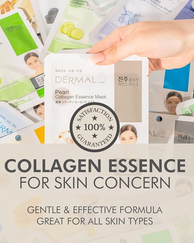 DERMAL Korean Collagen Face Mask – Hydrating & Soothing Sheet Mask with Panthenol – Hypoallergenic Calming Moisture Care for All Skin Types – 32 Combo Pack