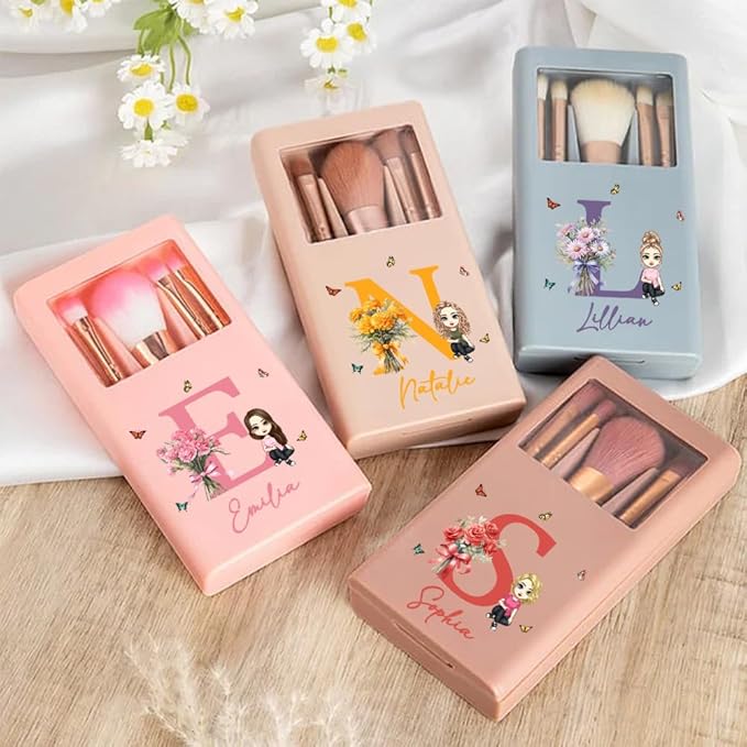 callie Personalized Makeup Brushes Sets for Women, Custom Birth Flower Bouquet Cartoon Character 5 Pcs Makeup Brushes Box Set with Name Initial and Mirror Birthday Gift for Women Girl