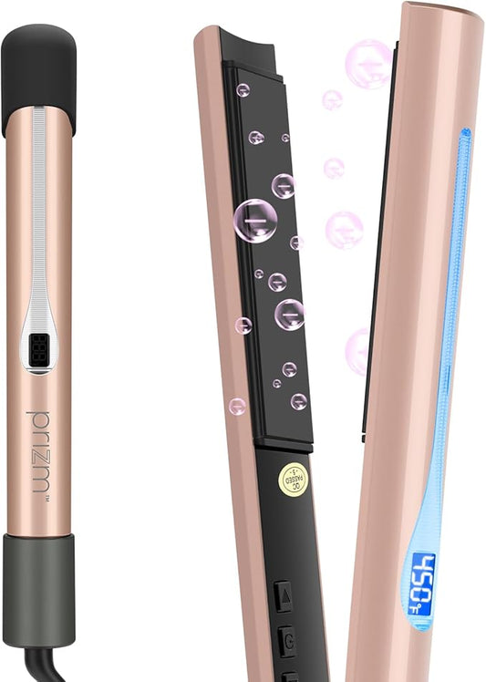 Prizm Professional 1" Hair Straightener and Curler 2 in 1, Ceramic Tourmaline Flat Curling Iron with 11 Adjustable Temperatures for More Hair Types, Dual Voltage for Travel, LCD Light Display, Gold