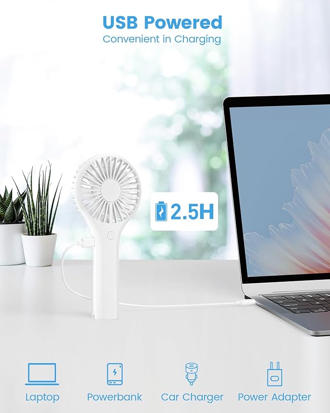 Portable Mini Fan - Powerful Personal Handheld Fan with 3 Speeds, Cute and Small, USB Rechargeable for Travel/Lash/Makeup/Outdoor/Home, White
