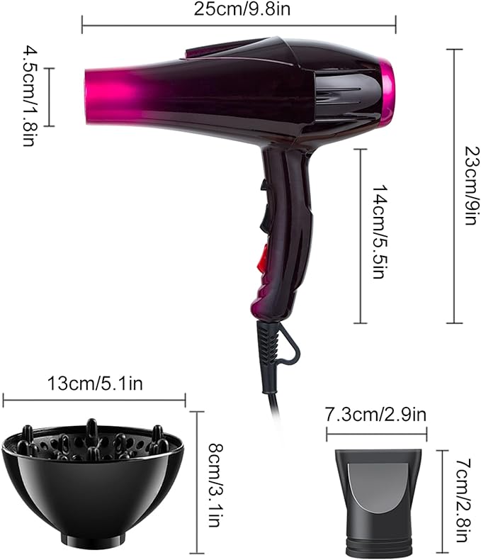Ionic Hair Dryer with 3500W Motor, 3 Heat/2 Speed Settings, 2 Nozzles, 1 Diffuser for Professional Home Salon Use - Purple