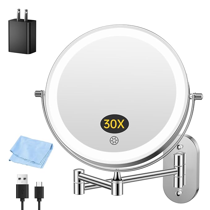 FUNTOUCH 5000mAh Rechargeable Wall Mounted Makeup Mirror with Lights,Double Sided 1X/30X Magnifying,3 Color Lights,Touch Dimmable, Extended Arm 360 Rotation Lighted Bathroom Mirror with Magnification