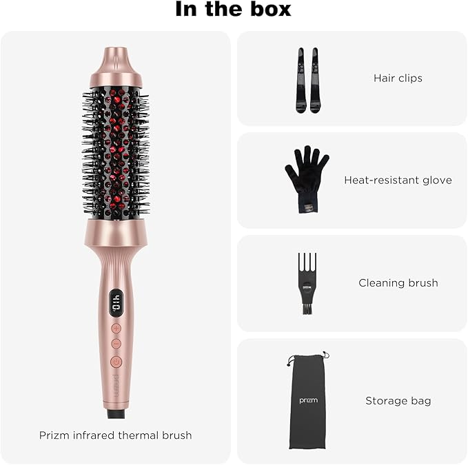 Prizm Infrared Thermal Brush Curling Brush, 1.5 Inch Ionic Heated Round Brush for Blowout Look, 4 Temp Settings & LED Display, Anti-Scald Design, Dual Voltage Hot Brushes for Voluminous Curls, Gold