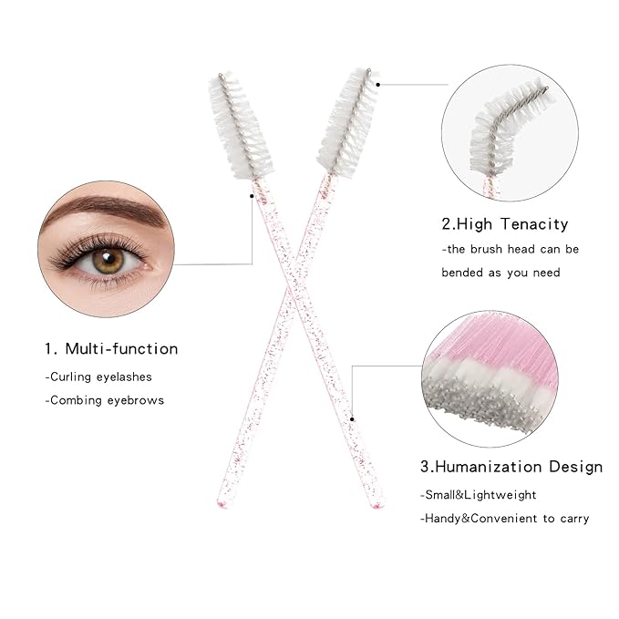 100 PCS Crystal Eyelash Mascara Wands Disposable Lash Brushes for Extensions Spoolie Brush Applicators Makeup Tool Kits (Pink handle White)
