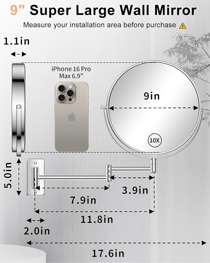 Gospire 9 Inch Extra Large Wall Mounted Mirror with 1X/10X Magnification, 360° Swivel & Extendable, Chrome Polished Finish for Bathroom Vanity, Shaving & Makeup (Men & Women)