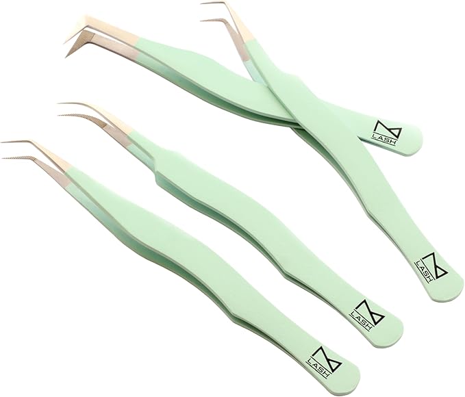 M LASH Eyelash Tweezers for Eyelash Extensions (Set of 4) - Professional Lash Extension Tweezers - Fiber Tip Lash Tweezers, Japanese Steel, Diamond Grip For Flawless Application (Green)