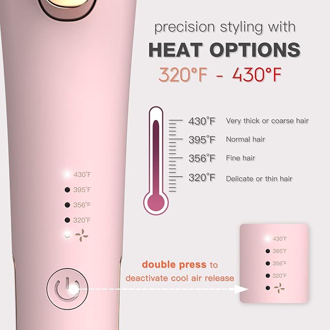 MIRACOMB Cool Air Curler Titanium Curling Wand 2 in 1 Hair Flat Iron 1” Styler for Loose Curls and Straight Styles, Max 430F, Auto Off, Dual Voltage (Pink)