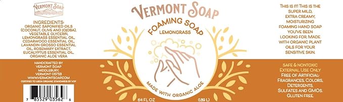 VERMONT SOAP Organic Lemongrass Zen Foaming Hand Soap - Natural Moisturizing Soap for Dry Skin - Fragrance Free Liquid Bathroom Hand Soap - Lemongrass Zen - 64 oz