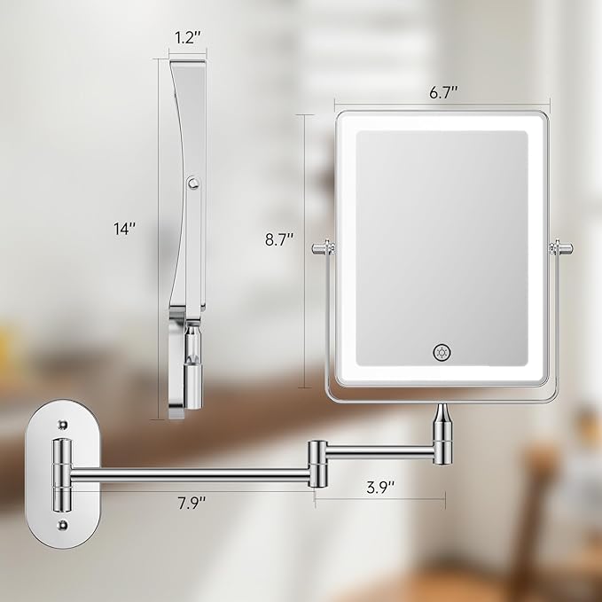 FASCINATE 5000mAh Rechargeable Wall Mounted Makeup Mirror, 8.7" Double Sided Touch Switch 1X 20X Rectangle Wall Mounted Magnifying Mirror with Light, 3 Color Setting, Extended Arm 360° Foldable Chrome