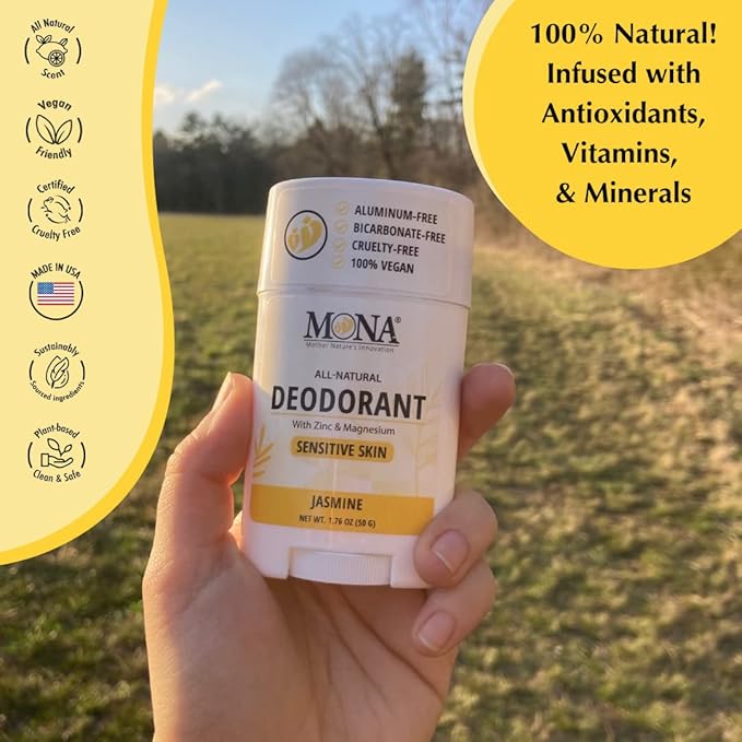 MONA BRANDS All Natural Deodorant For Women & Men | For Sensitive Skin | No Aluminum or Baking Soda | (2-Pack JASMINE 1.76 Oz each)