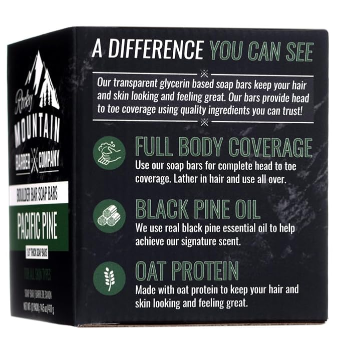 Men’s All-in-One Shampoo & Body Soap Bars – Extra Thick 1.6” Glycerin Hair & Body Soap - 2 Soap Bars - Pacific Pine Scent - with Oat Protein & Black Pine Essential Oil - Made in USA - 14.5 oz