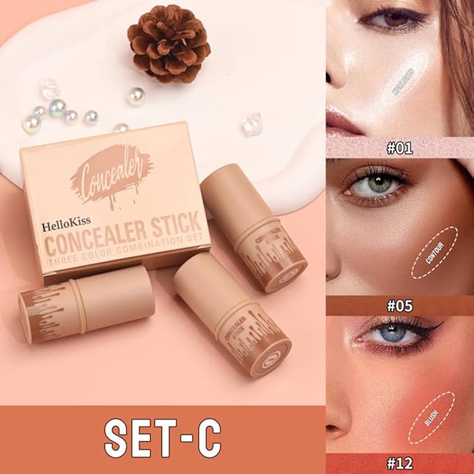 3Pcs Contour Stick Set-Creamy Contour Stick with Blush & Highlighter & Bronzer Not Greasy, Long-Lasting, Waterproof, Contouring Pen Easy to Contour the Face (C)