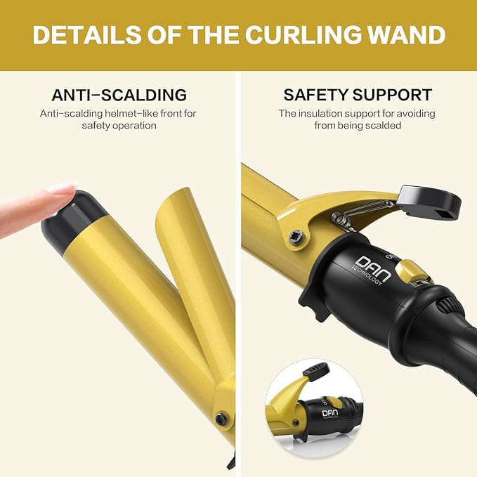 DAN Technology 1¼ Inch Large Barrel Curling Iron Wand for Loose Voluminous Waves, Tourmaline Ceramic Hair Curler with 180°F–430°F Adjustable Temperature, Fast Heating, Dual Voltage, Auto Shut-Off
