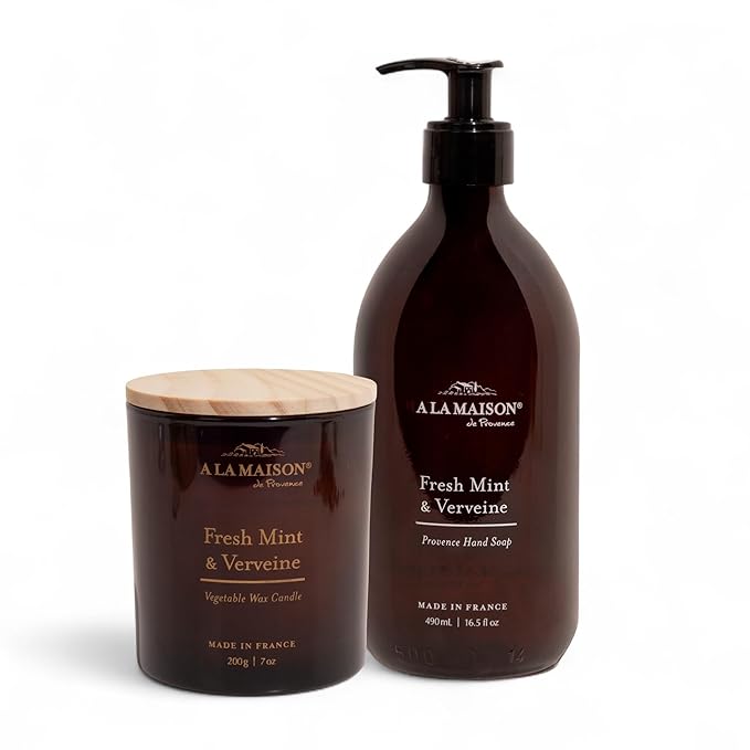 A LA MAISON Candle + Hand Soap Duo – Fresh Mint & Verveine – 7 oz Amber Glass Scented Candle & 16.5 fl oz Amber Glass Liquid Hand Wash Plant-Based Formula – Made in France – 2-Pack