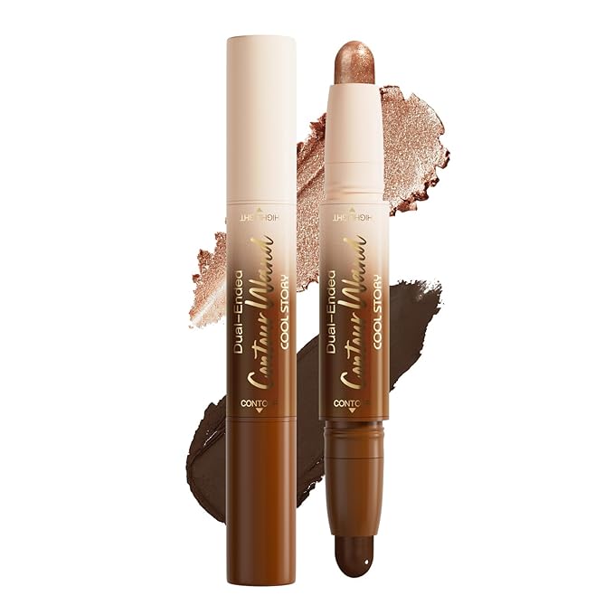 Black Cocoa + Bronzer Shimmer Contour Stick Dual Ended Face Body Makeup Waterproof no Transfer, 2 in 1 Cream Concealer Stick Contouring Makeup Kit, Nose Contour Bronzer Sticks Face Highlighter Make up