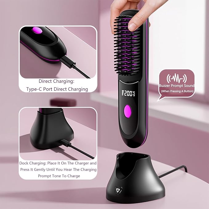Go Brush Pro Hair Straightener – Cordless Comb with Negative Ion, 7400mAh Fast Heating & Portable Travel Design, Rechargeable Brush for Straightening and Curling (Red-1Pcs)