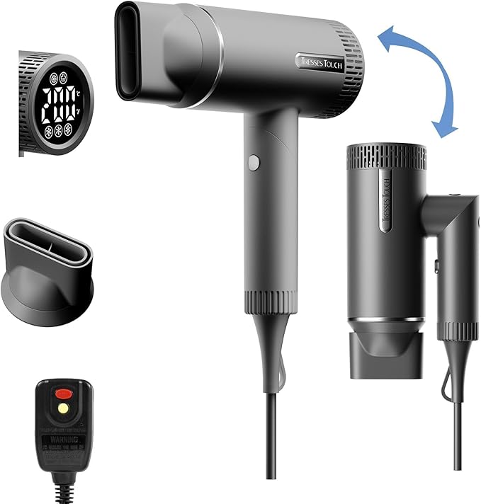 Hair Dryer, High-Speed Ionic Blow Dryer, Powerful 1600 Watt Motor for Fast Drying and Straight & Wavy Hair, Foldable, Lightweight Hairdryer with with Magnetic Suction Nozzle for Home Salon Travel