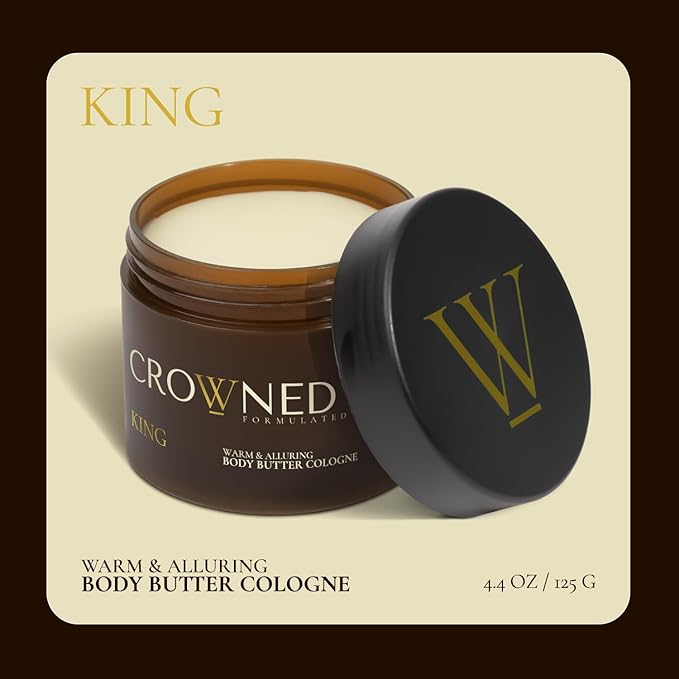Crowned Skin King Cologned Body Butter for Men | Warm & Sensual | New Moisturizing Formula Scented with Sandalwood & Leather | Infused with Organic Shea & Mango Butters | All-Day Fragrance | 4.4oz
