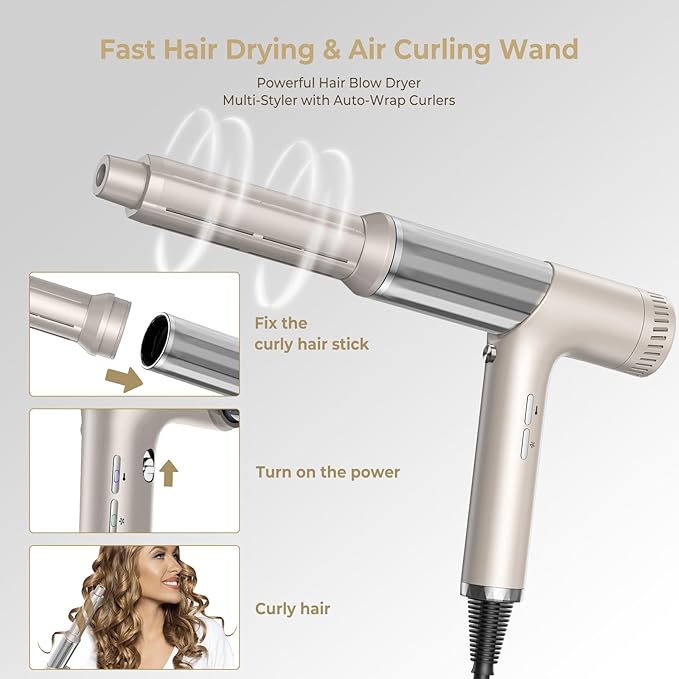High-Speed Hair Styler and Drying Brush - 110000 RPM Hot Air Brush with Diffuser, Concentrator Attachment, and Oval Curling Wand (silver)