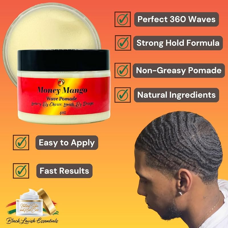 Ultra-Smooth 360 Wave Pomade for Men, Deep Waves, Strong Hold and Shine for Wavy Hair, Shea Butter and Mango Butter, Non-Greasy Formula (Money Mango Pomade, 8oz)