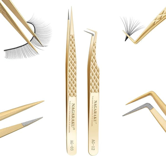 NAGARAKU Eyelash Tweezers, 1 Pair Precision Fiber Tip Tweezer for Lash Extensions Antistatic Anti-Slip Pinzas with Box -Straight Tip & 85 Degree Long Tip Tweezers AG-03 & AG-012