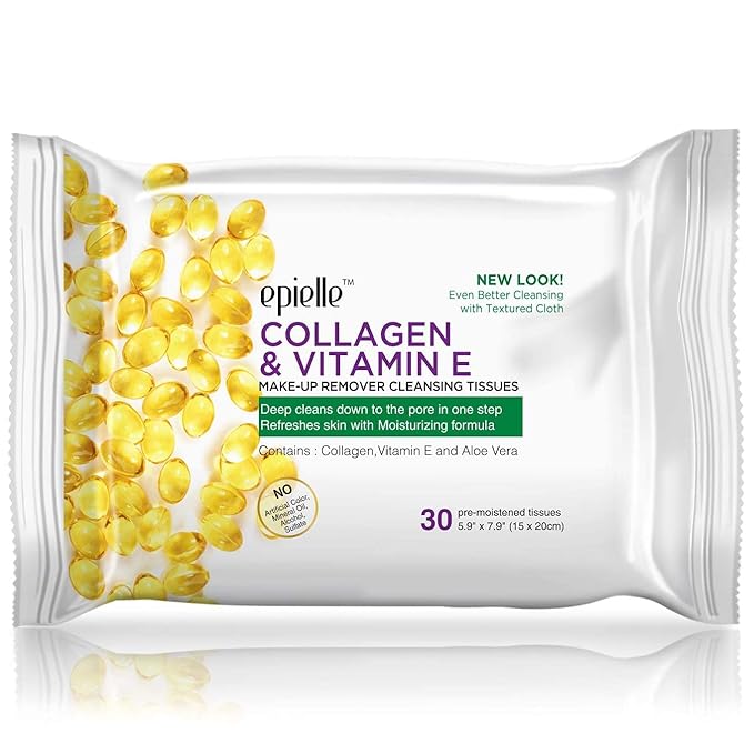 Epielle Makeup Remover Wipes, Remove Waterproof Mascara, Gentle Daily Facial Cleanser Towelettes with Collagen, Tea Tree & Aloe Vera, Stocking Stuffers, 30 Count (Pack of 6)