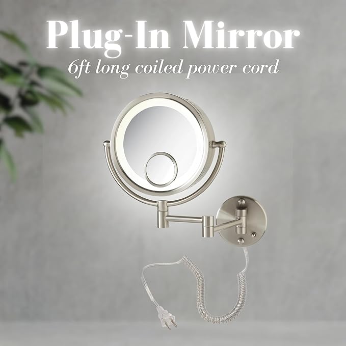 JERDON Plug in Lighted Wall Mount Makeup Mirror - 1X/7X/15x Magnification - Nickel Finish - Model HL8515N