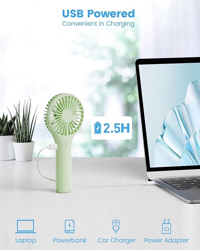 Portable Mini Fan - Powerful Personal Handheld Fan with 3 Speeds, Cute and Small, USB Rechargeable for Travel/Lash/Makeup/Outdoor/Home, Green