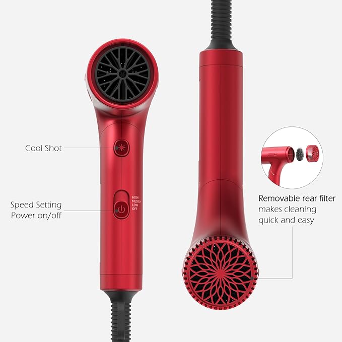 TOME 1200W Hair Dryer Travel Dual Voltage 120V/240V Foldable Blow Dryer with Diffuser Comb Nozzle Storage Bag Universal Power Adapter (Red)