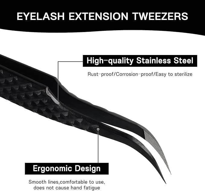 VAVALASH Lash Tweezers for Eyelash Extensions, Fiber Tip Diamond Grip Curved Tweezers for Lash Extension,Professional Precision Black Lash Tweezers for Volume & Classic Lashes (Curved Tweezers)
