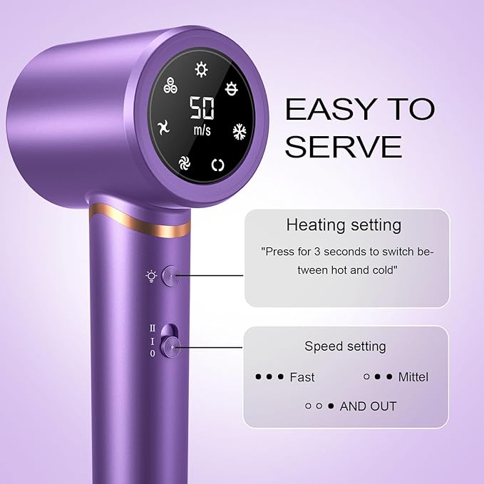 Hair Dryer Negative Ionic Blow Dryer for Fast Drying,Low Noise,Thermo Control Hair Dryer 2 Speed and 3 Heat Settings,Cold Air Button with 1 Diffuser 110000 RPM High Speed Brushless Motor (Purple)