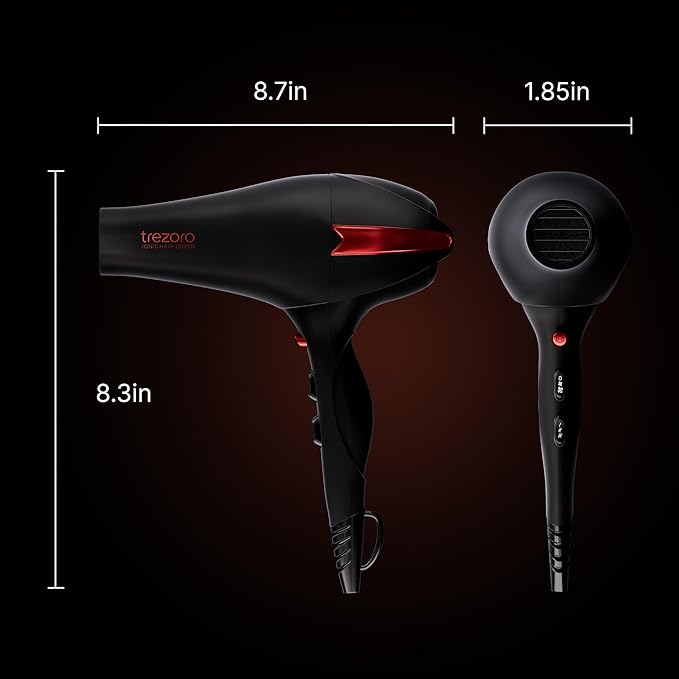 TREZORO Professional Ionic Hair Dryer for Salon - 2200W Powerful Blow Dryer - Lightweight Travel for Normal & Curly Hair Includes Volume Styling Nozzle