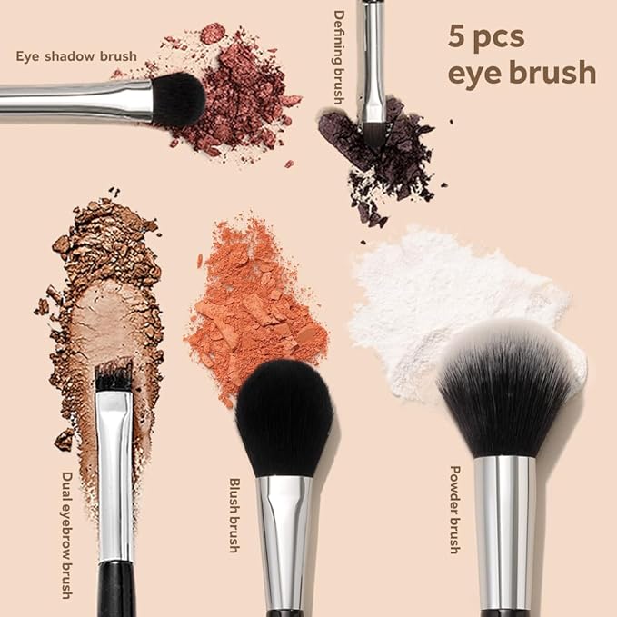 Travel Makeup Brush Set 5 Pcs | Essential Face & Eye Makeup Brush Set | Makeup Pouch & Brush Cover Included